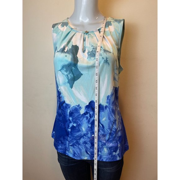 Tahari Womens Tie Dye Tank Top Pleated Neck 7289M480 Sleeveless Blue White SZ S - Picture 3 of 7